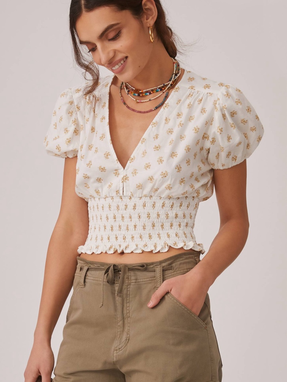 Faithfull The Brand Alba Top Cairo Floral Smocked Puff Sleeve XS 2 NWT